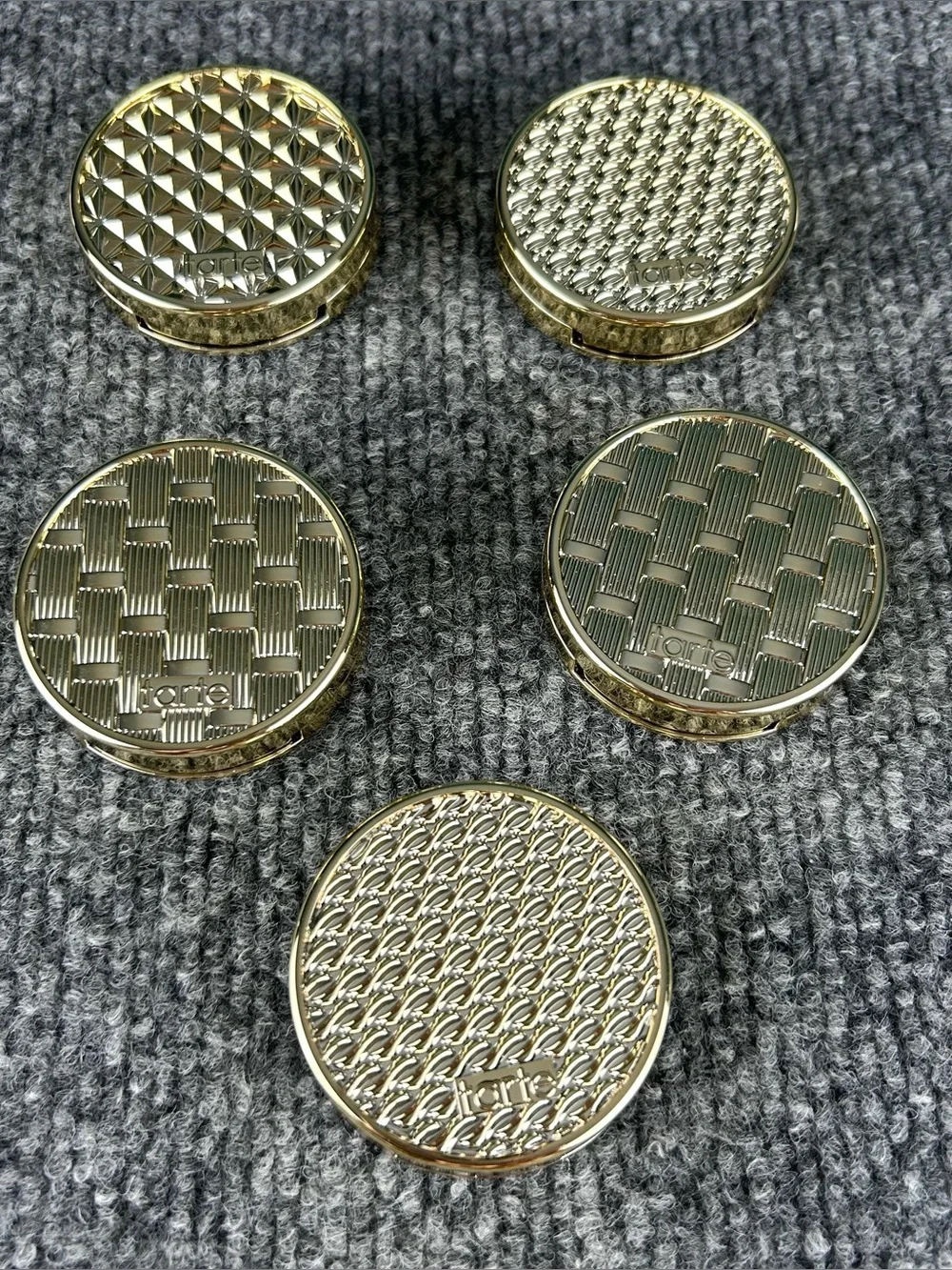 Tarte ~ Stay Golden Amazonian Clay Blush Set ~ 5 Gold Tone Decorative Compacts